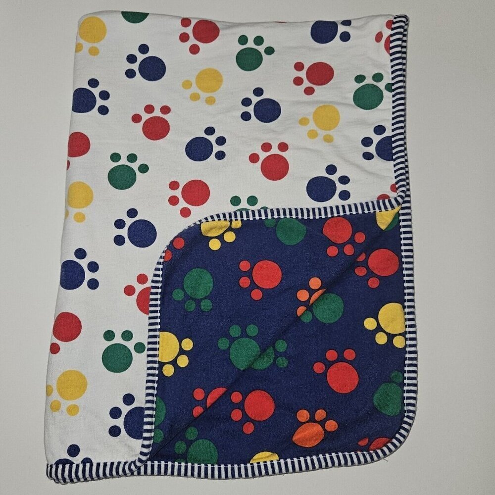 VTG GYMBOREE Reversible Baby Blanket Paw Prints Blue White Red Yellow Green READ